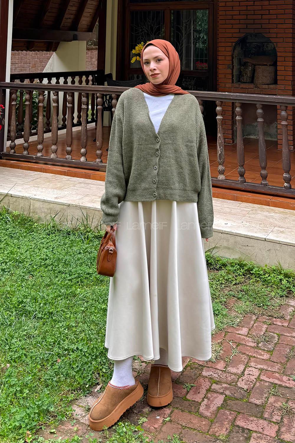 Lamelif Crop V Yaka Hırka Haki