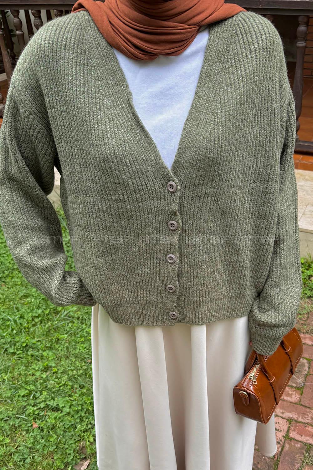 Lamelif Crop V Yaka Hırka Haki