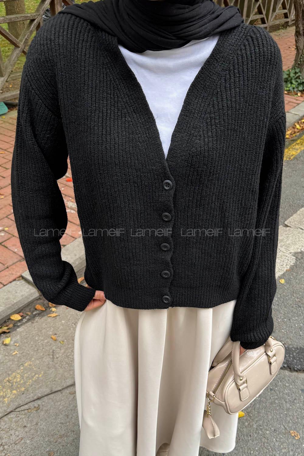 Lamelif Crop V Yaka Hırka Siyah