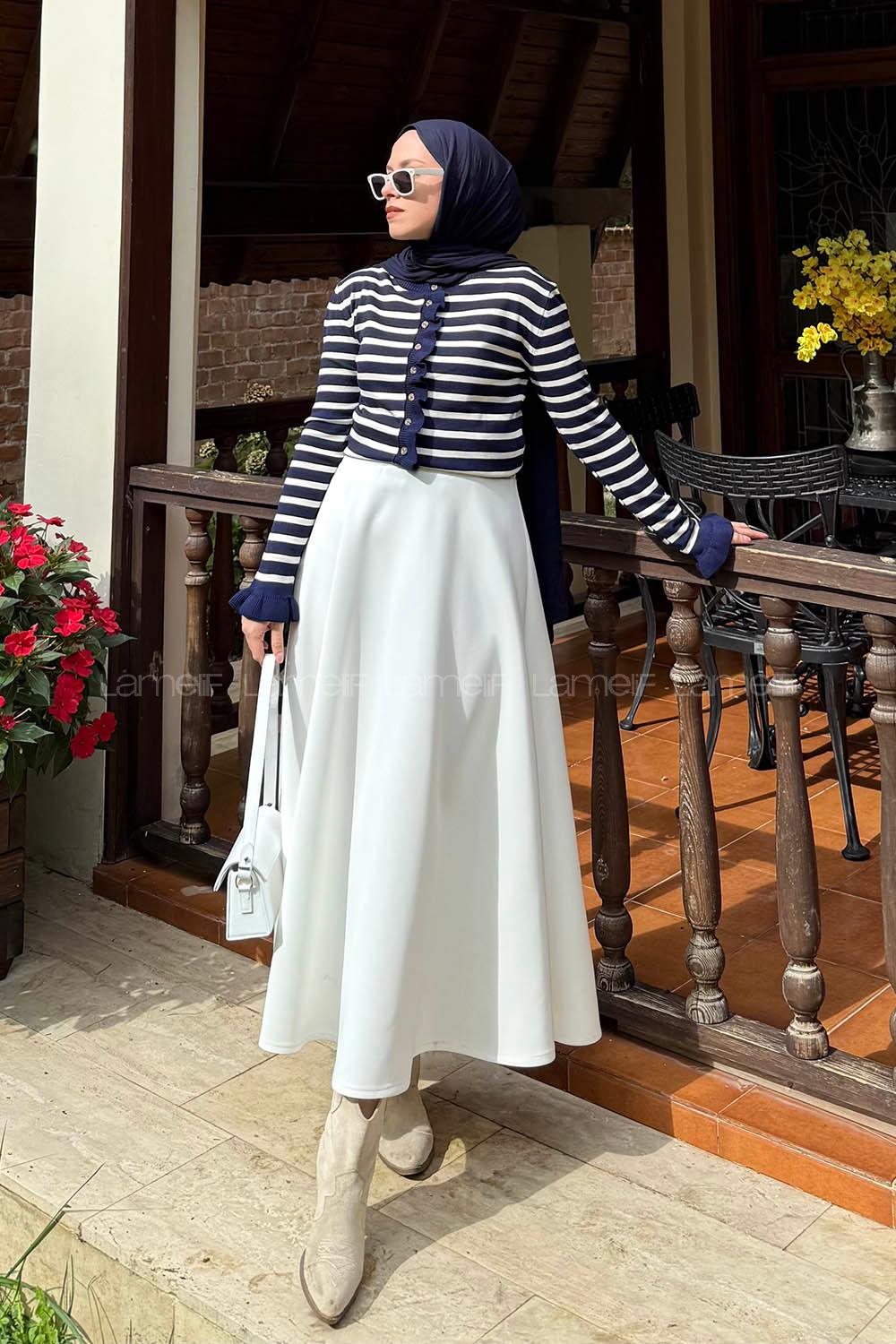 Lamelif Fırfırlı Çizgili Hırka Lacivert