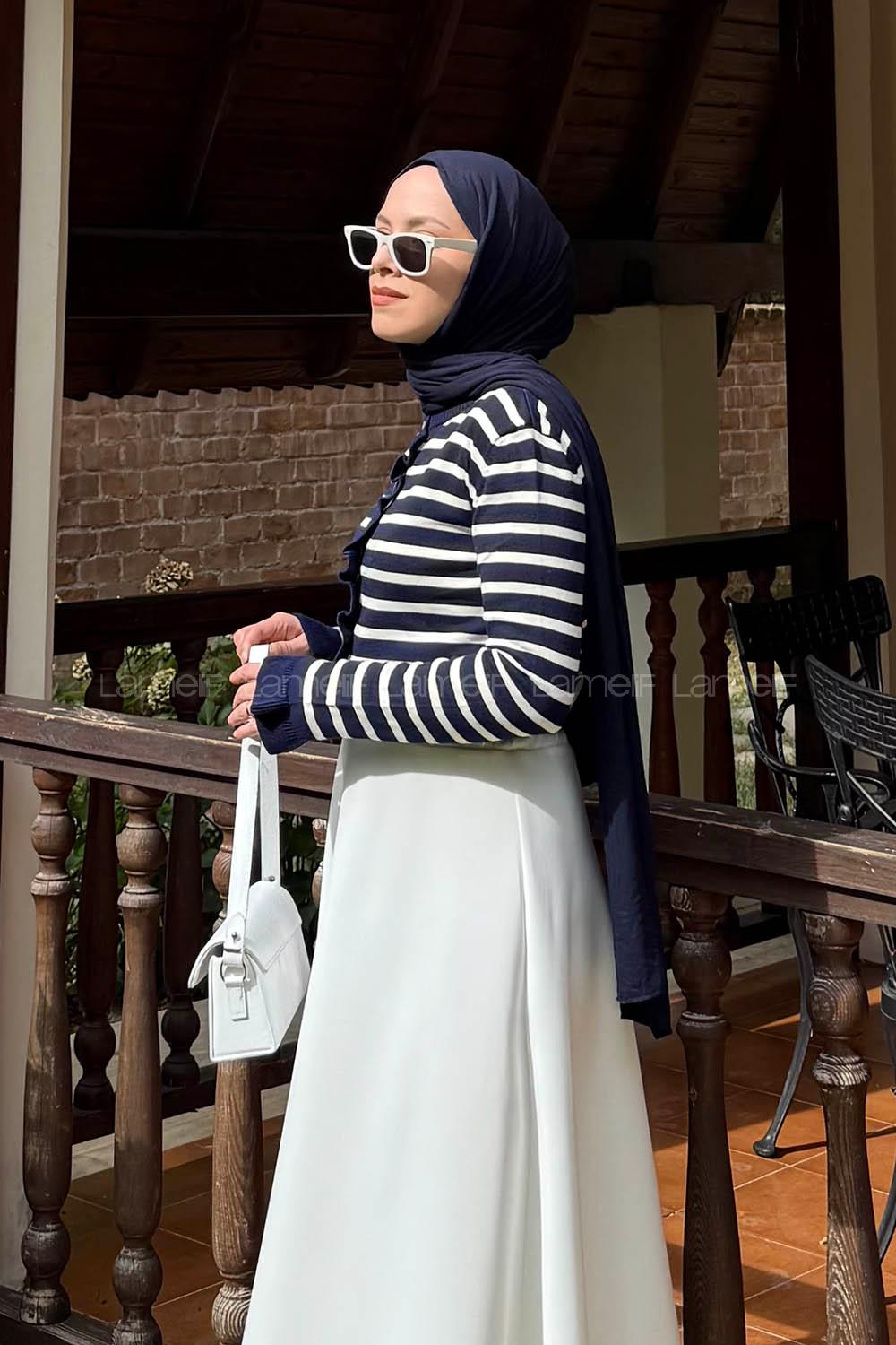 Lamelif Fırfırlı Çizgili Hırka Lacivert