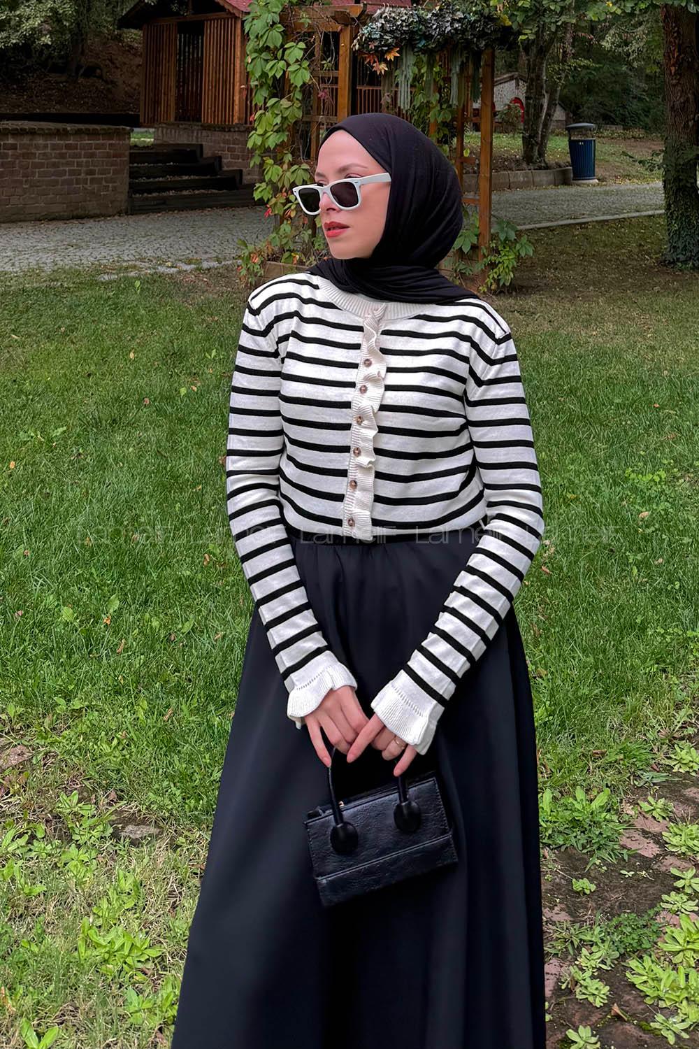 Lamelif Fırfırlı Çizgili Hırka Naturel