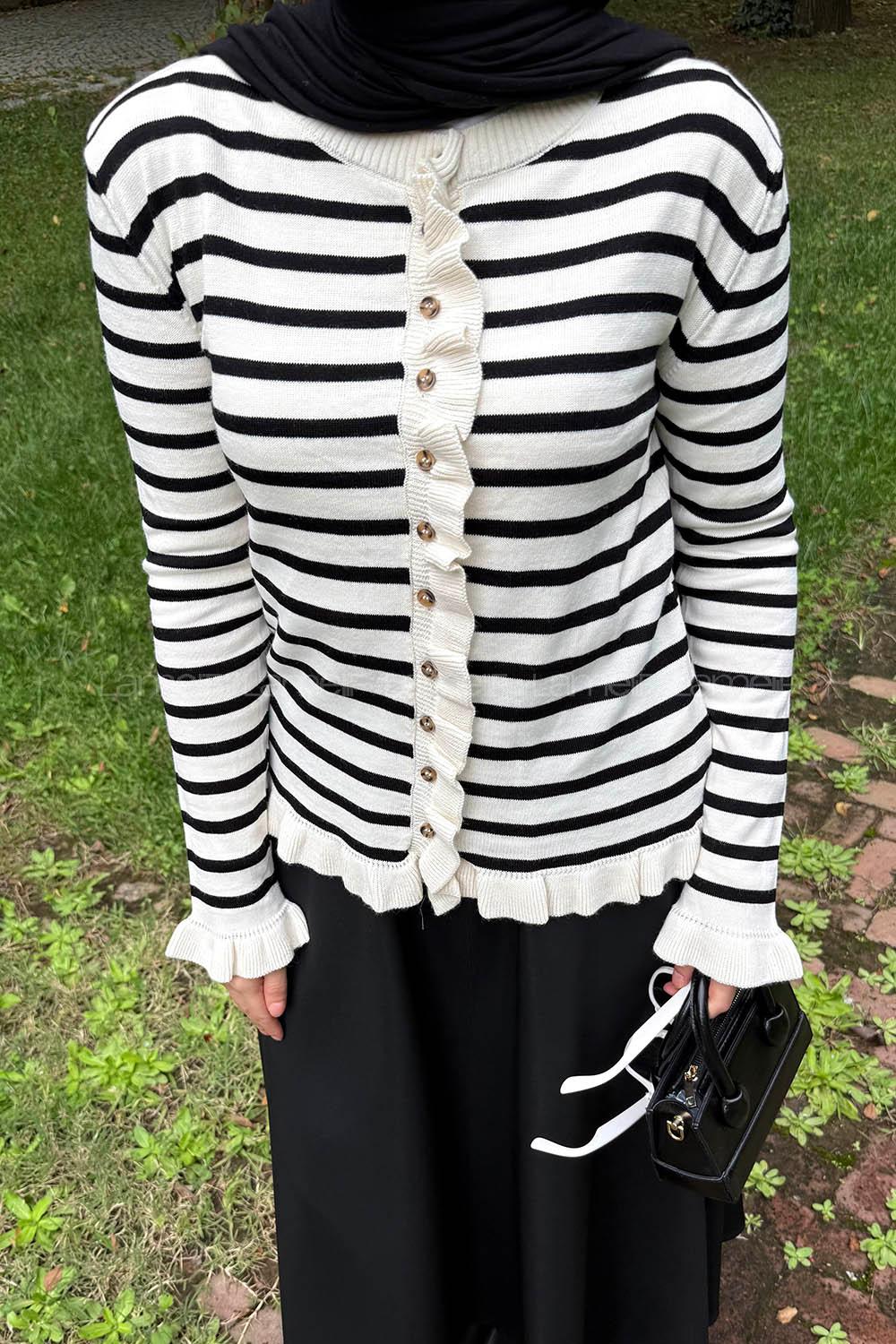 Lamelif Fırfırlı Çizgili Hırka Naturel