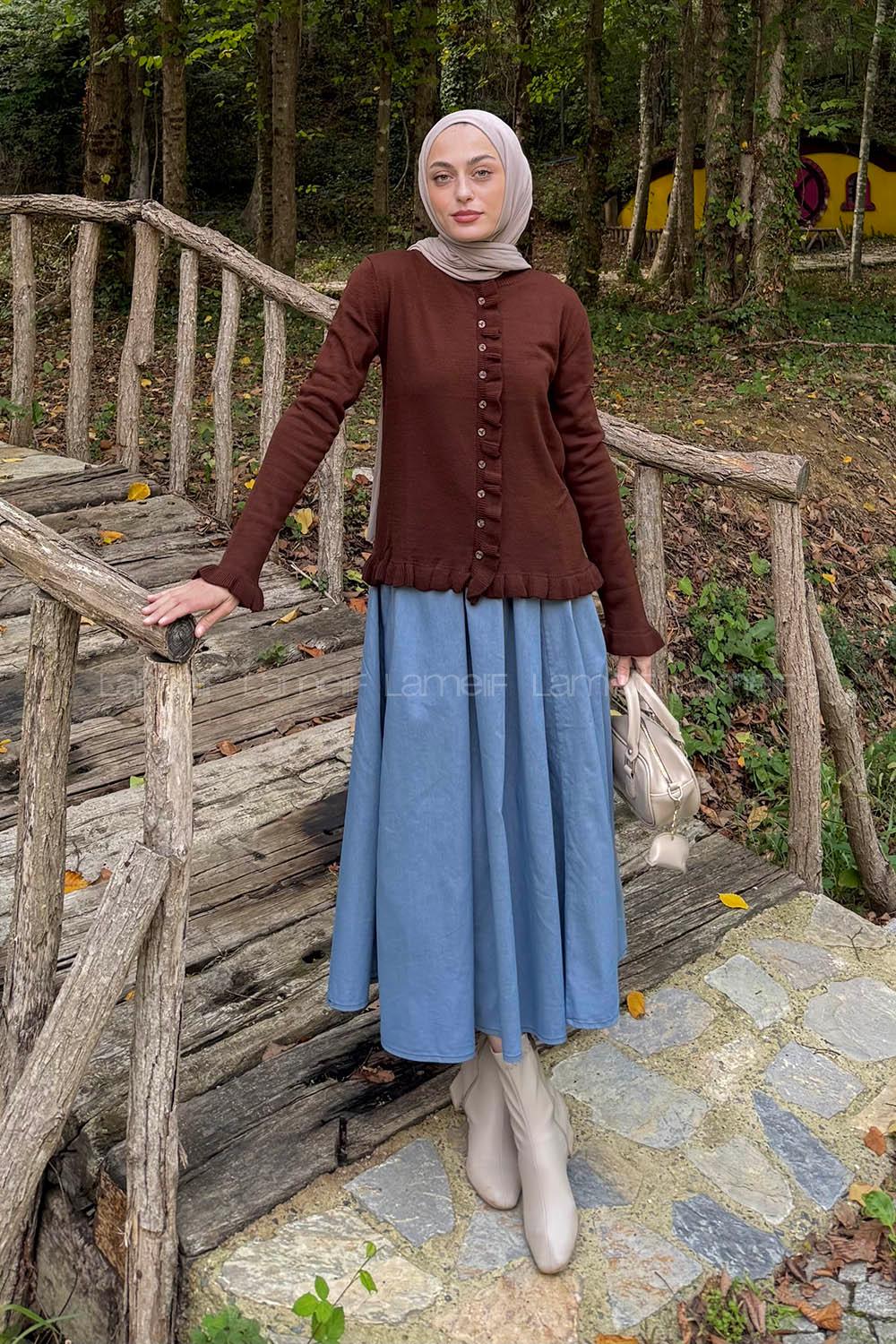 Lamelif Fırfırlı Hırka Acı Kahve