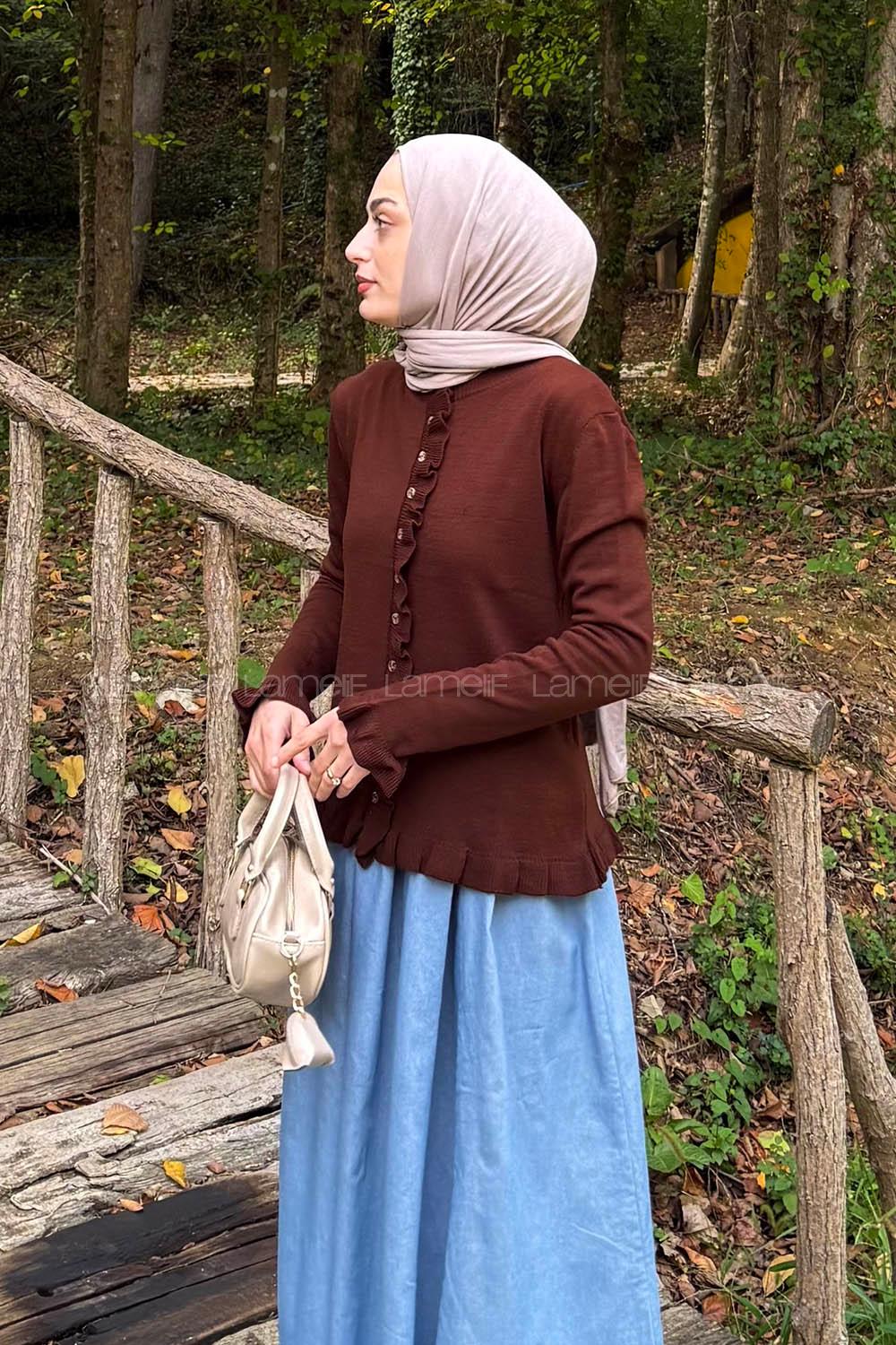 Lamelif Fırfırlı Hırka Acı Kahve