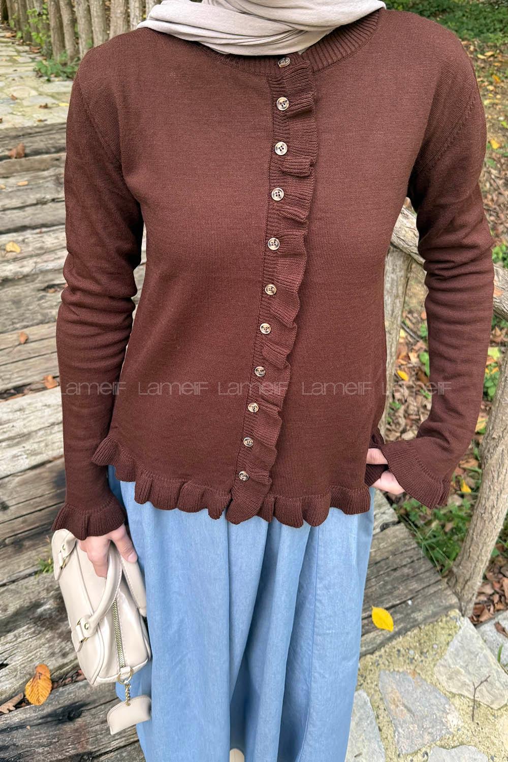 Lamelif Fırfırlı Hırka Acı Kahve