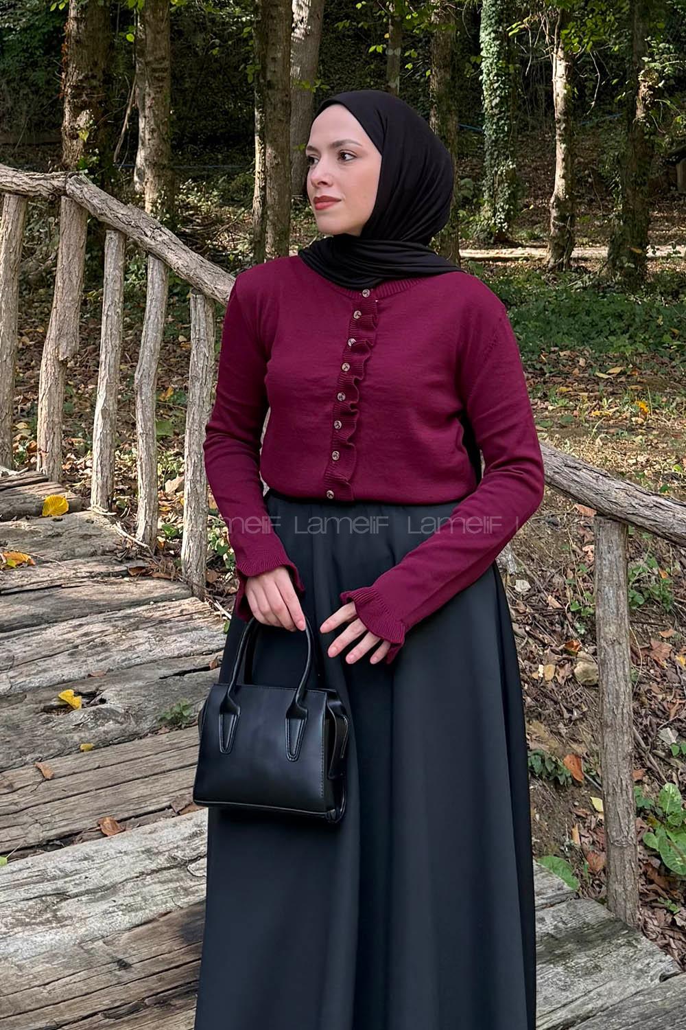 Lamelif Fırfırlı Hırka Bordo