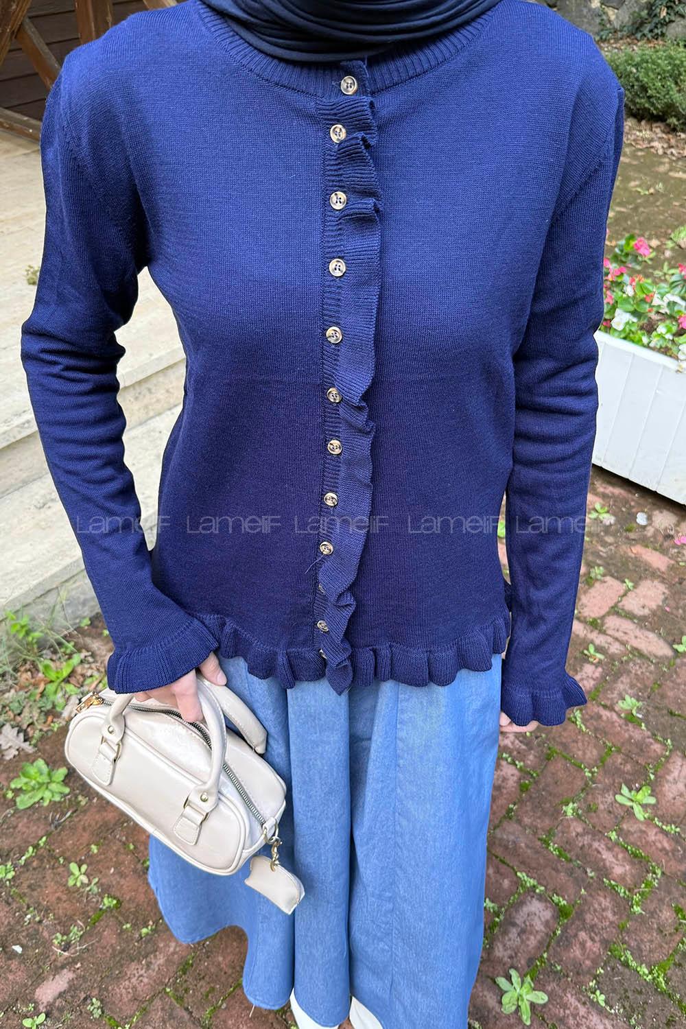 Lamelif Fırfırlı Hırka Lacivert