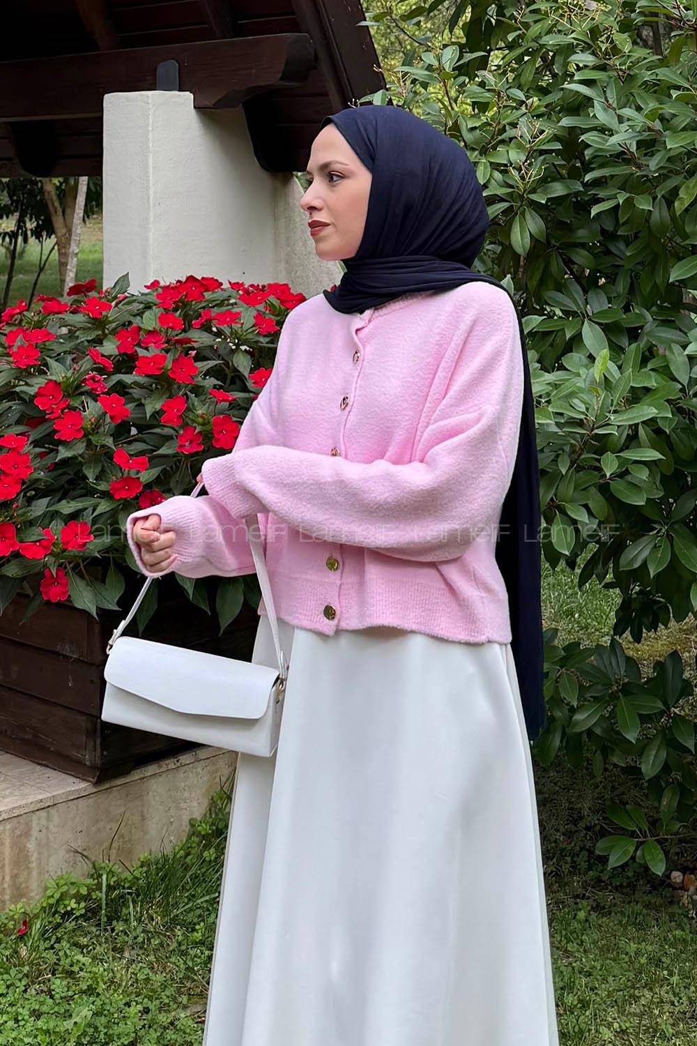 Lamelif Gold Düğme Detaylı Hırka Pembe