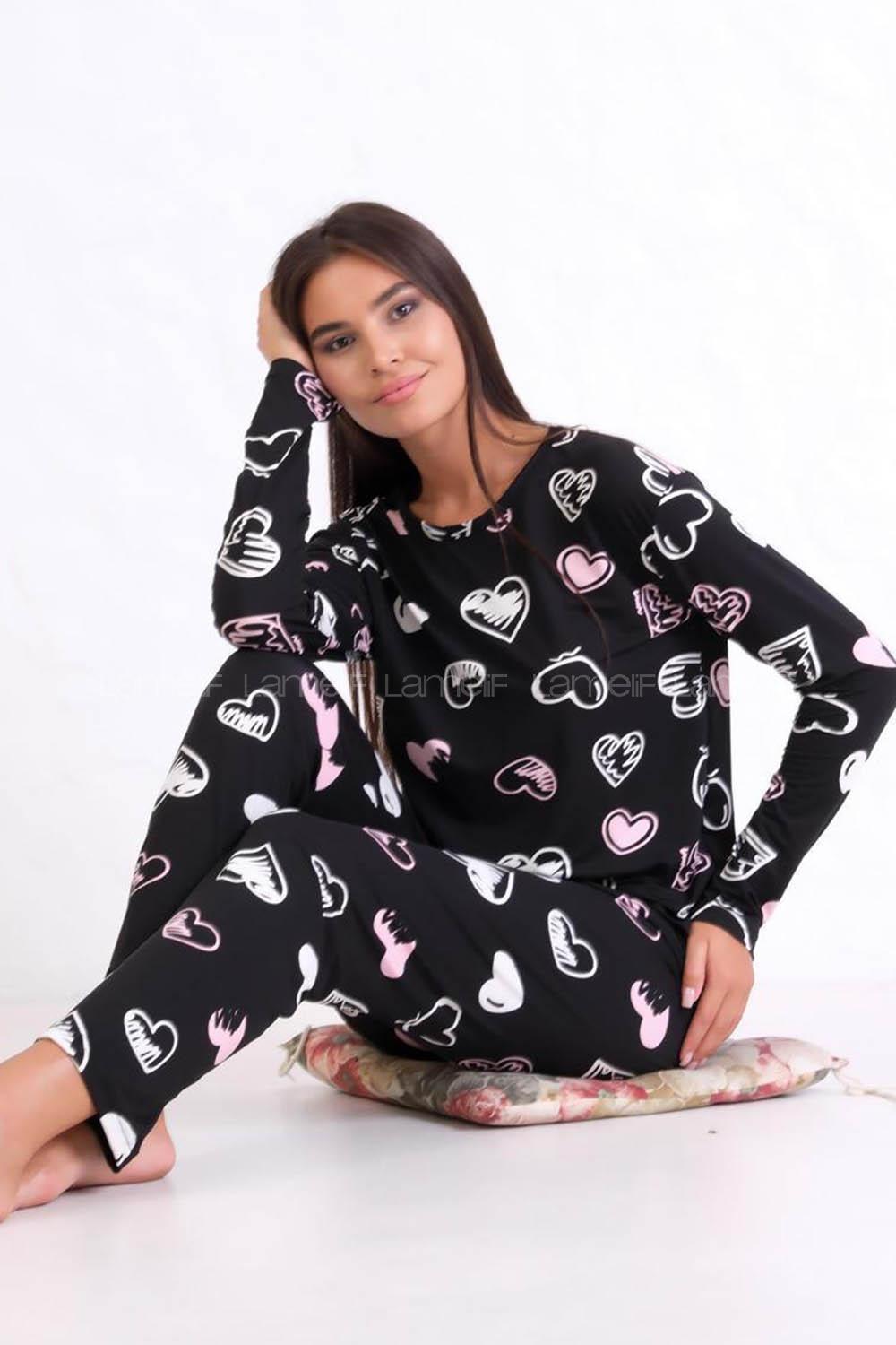 Lamelif  Kalp Desenli Pijama Takımı Siyah