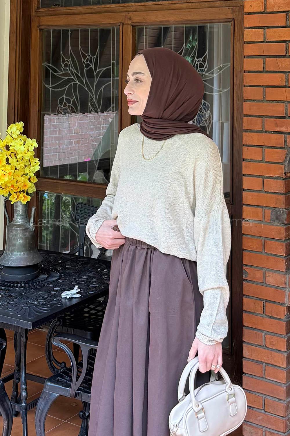 Lamelif Kayık Yaka Triko Kazak Bej