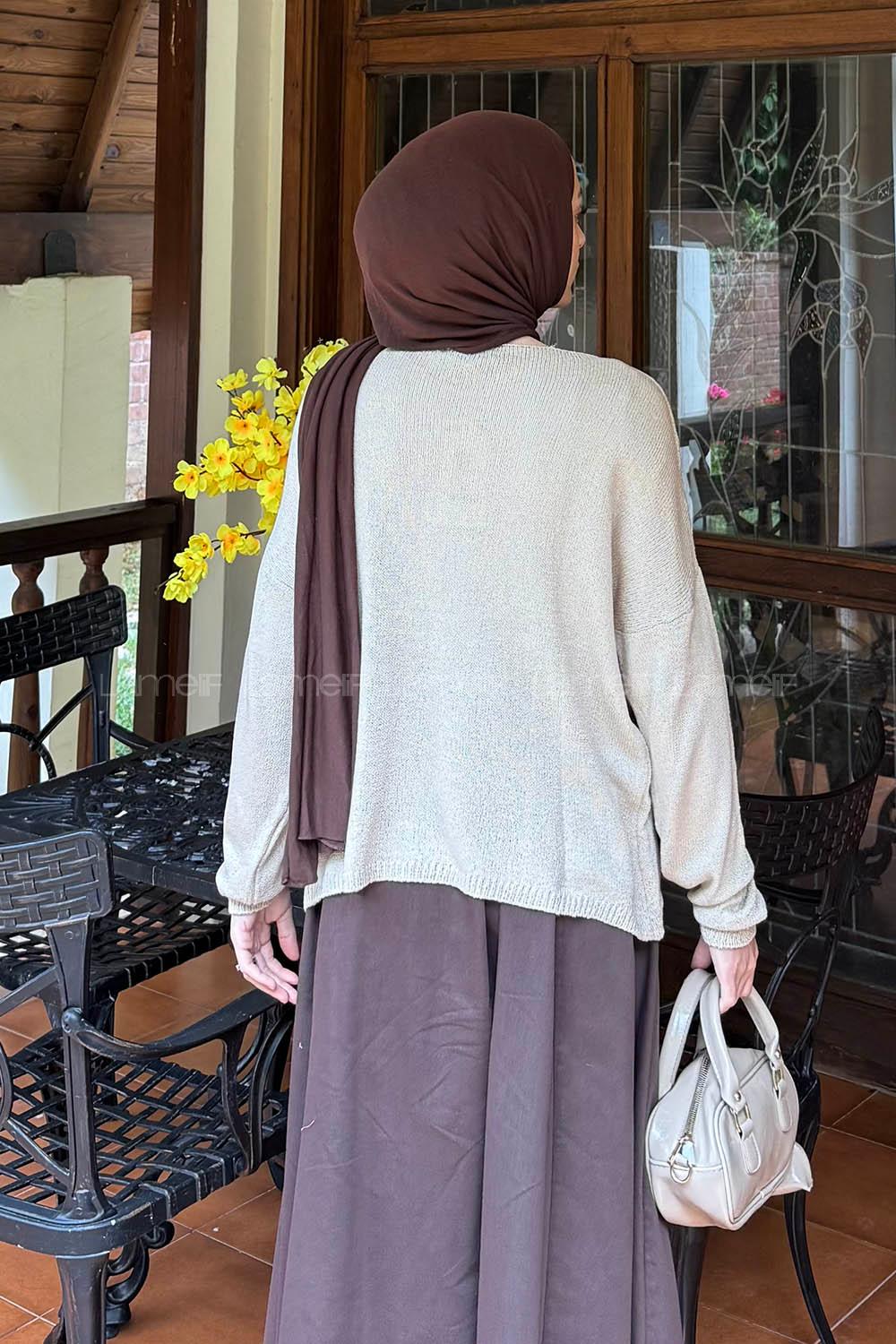 Lamelif Kayık Yaka Triko Kazak Bej