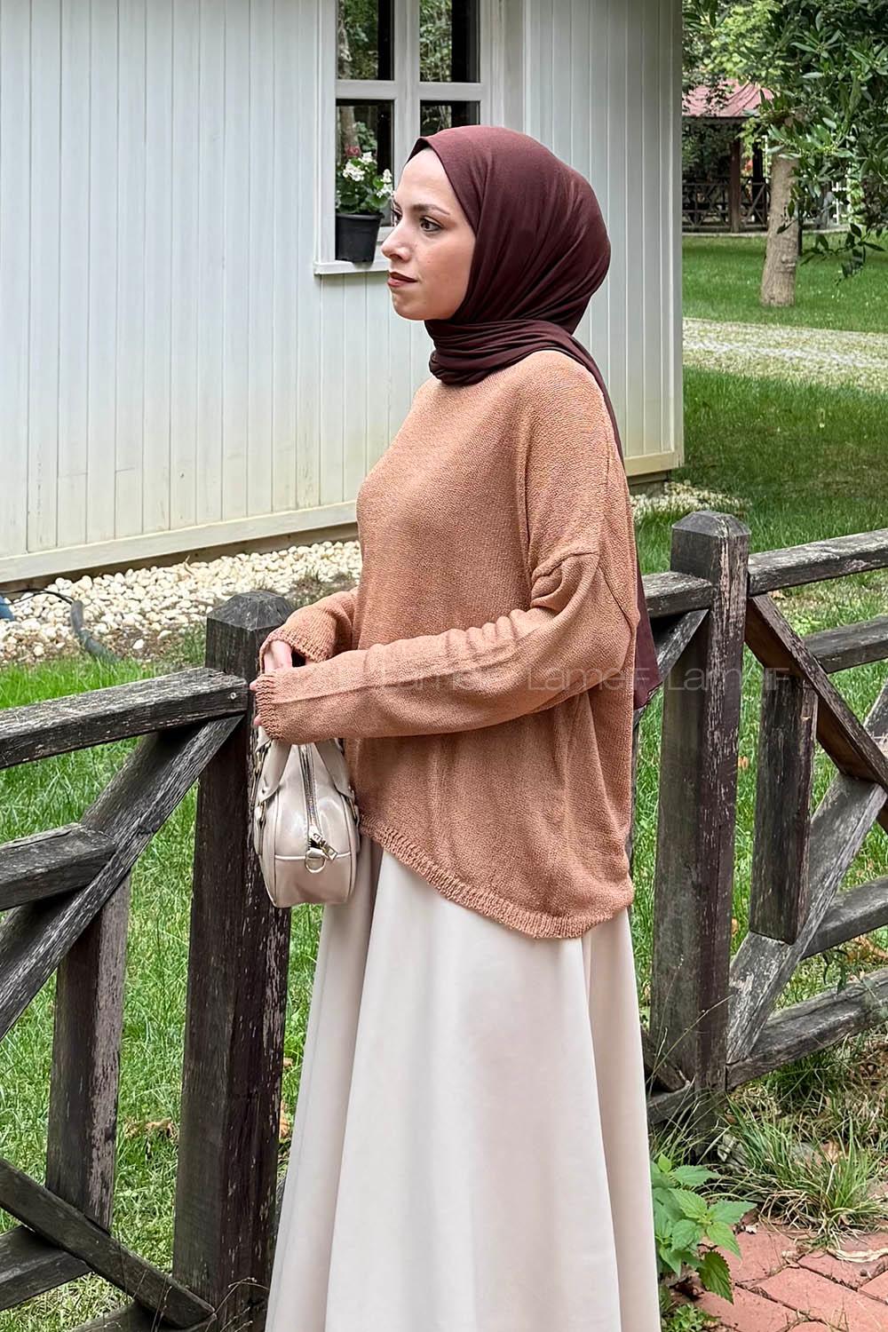 Lamelif Kayık Yaka Triko Kazak Camel