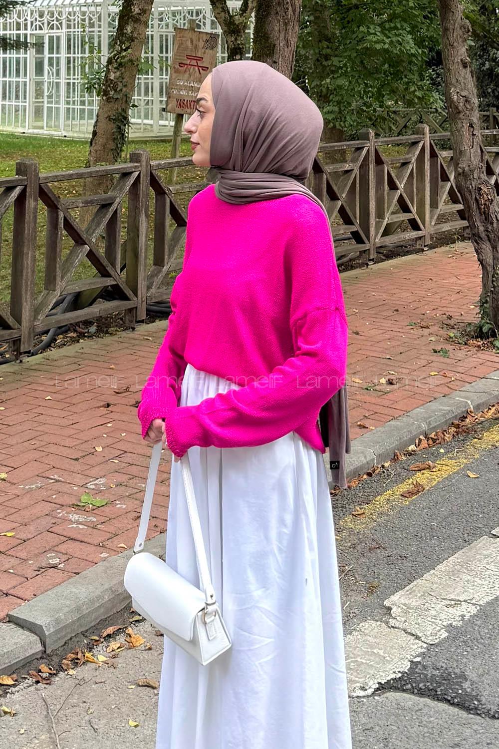 Lamelif Kayık Yaka Triko Kazak Fuşya