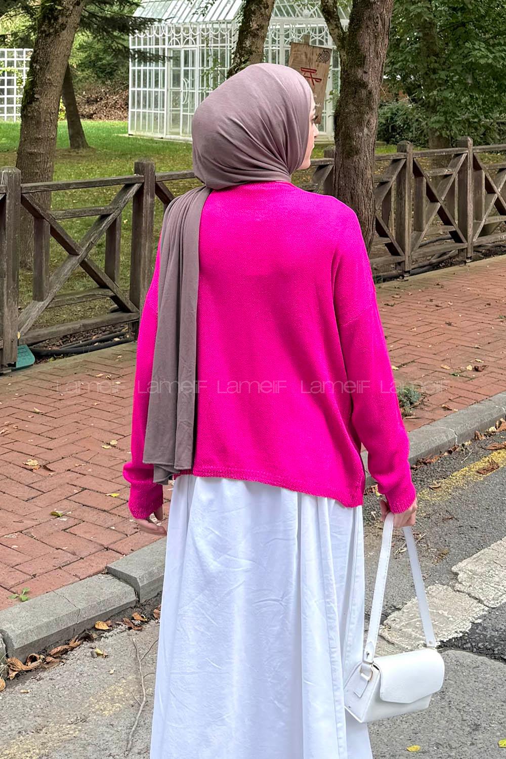 Lamelif Kayık Yaka Triko Kazak Fuşya