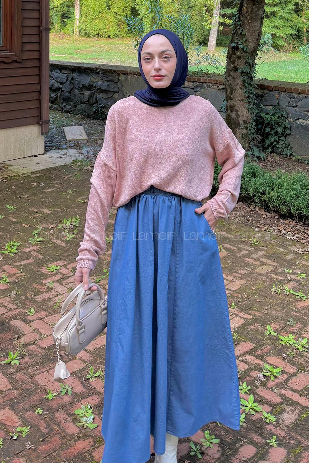 Lamelif Kayık Yaka Triko Kazak Gül Kurusu