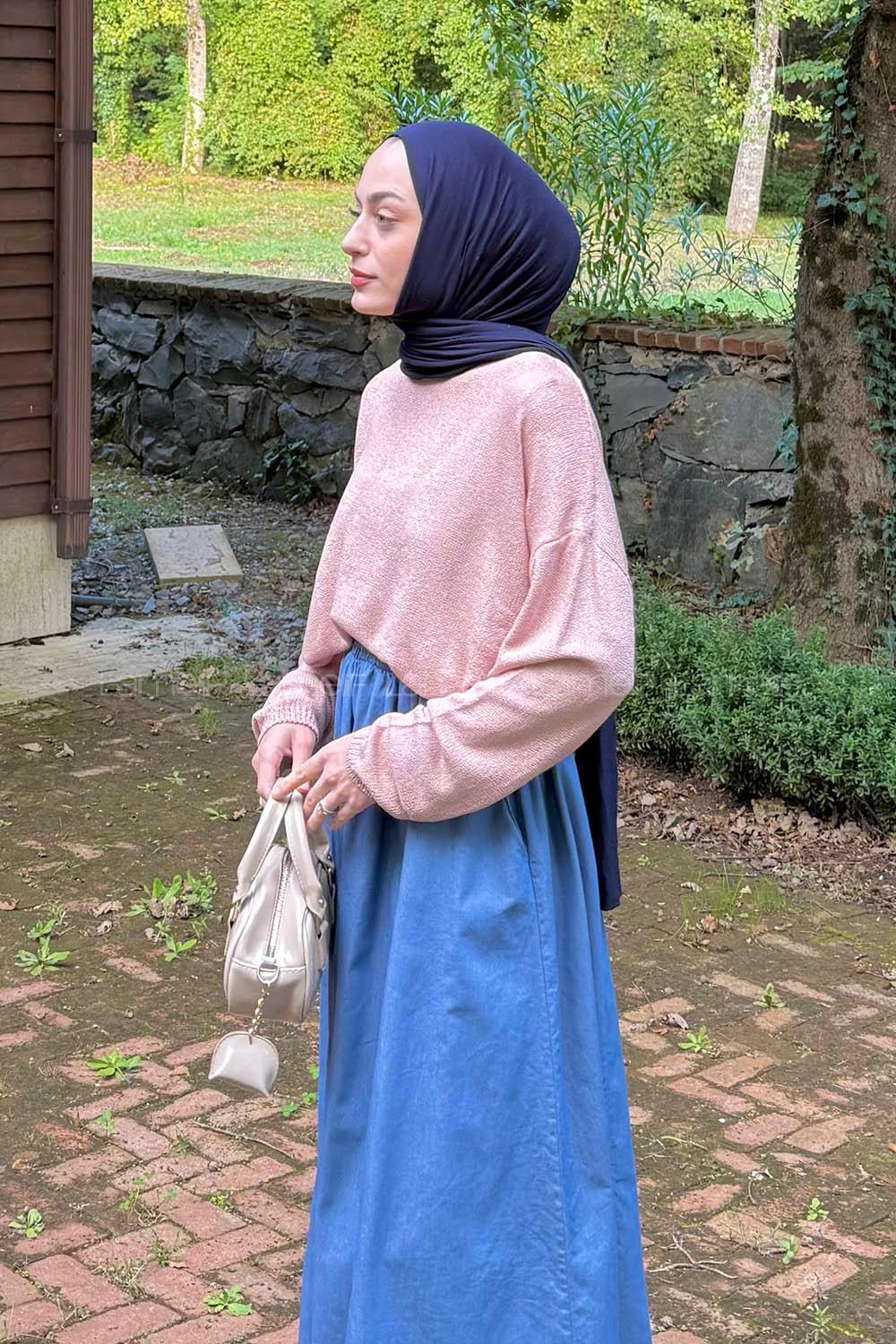 Lamelif Kayık Yaka Triko Kazak Gül Kurusu