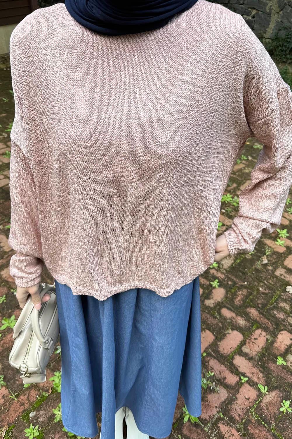 Lamelif Kayık Yaka Triko Kazak Gül Kurusu