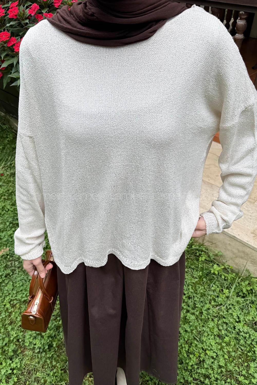 Lamelif Kayık Yaka Triko Kazak Natural