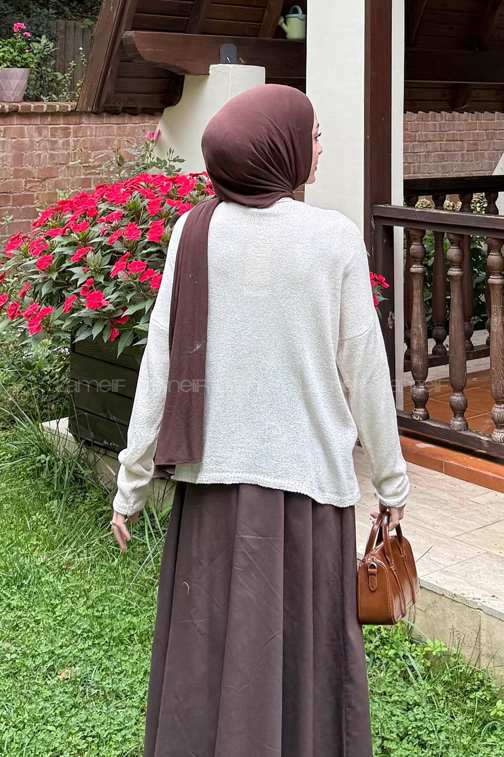 Lamelif Kayık Yaka Triko Kazak Natural