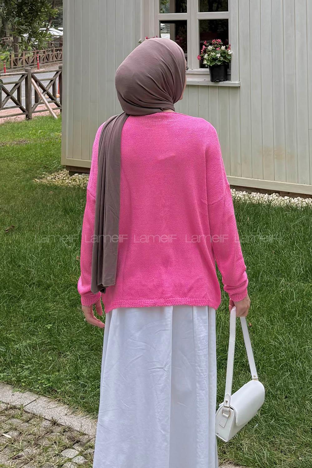 Lamelif Kayık Yaka Triko Kazak Pembe