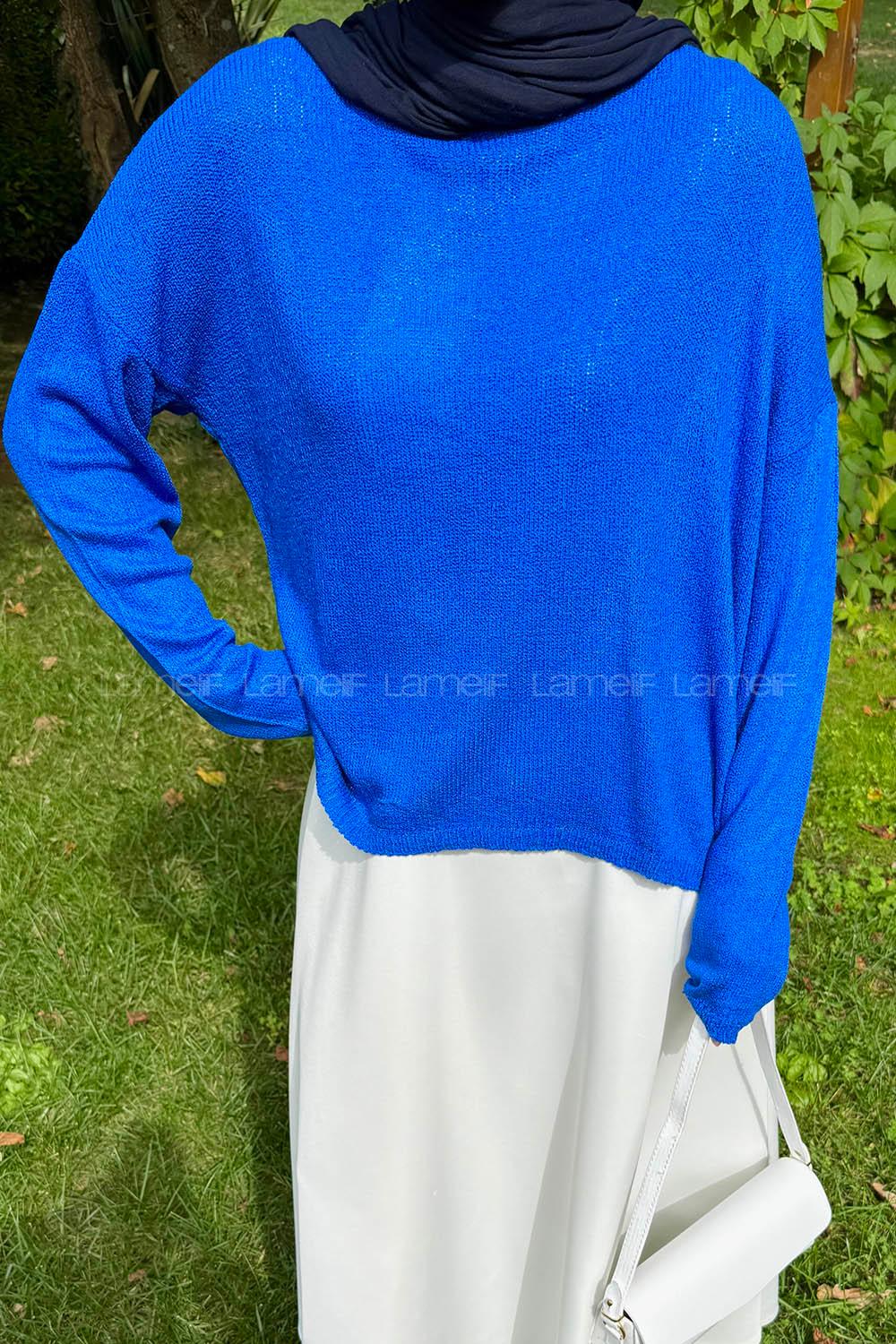 Lamelif Kayık Yaka Triko Kazak Saks Mavisi