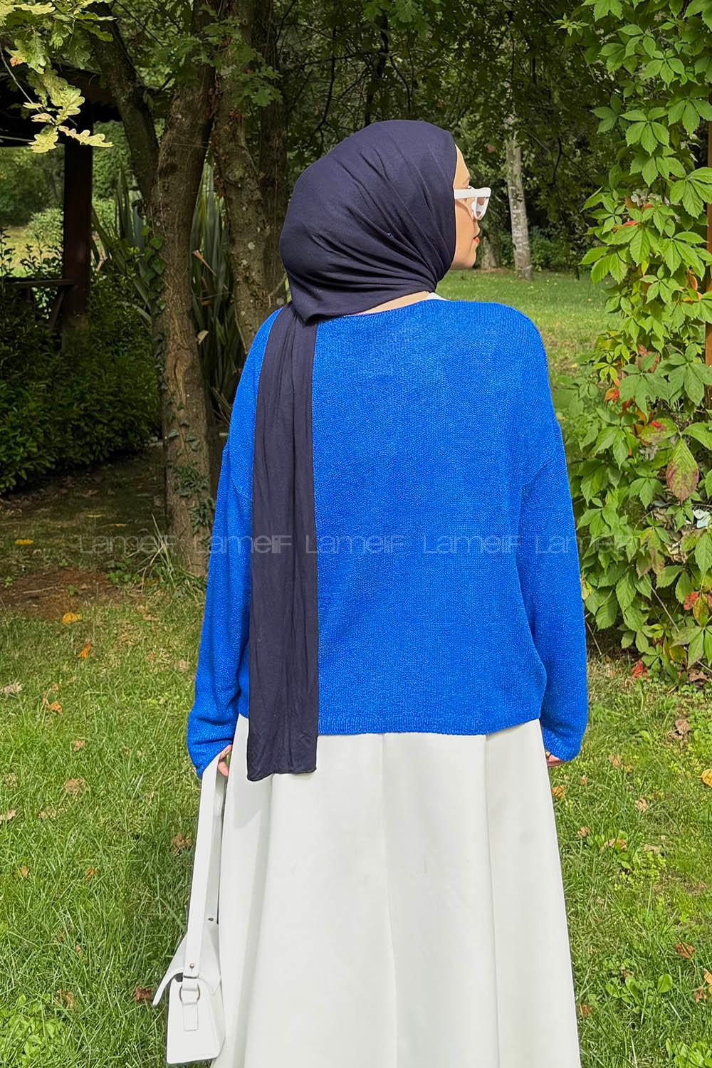 Lamelif Kayık Yaka Triko Kazak Saks Mavisi