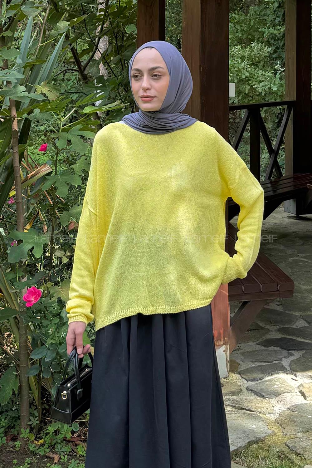 Lamelif Kayık Yaka Triko Kazak Sarı