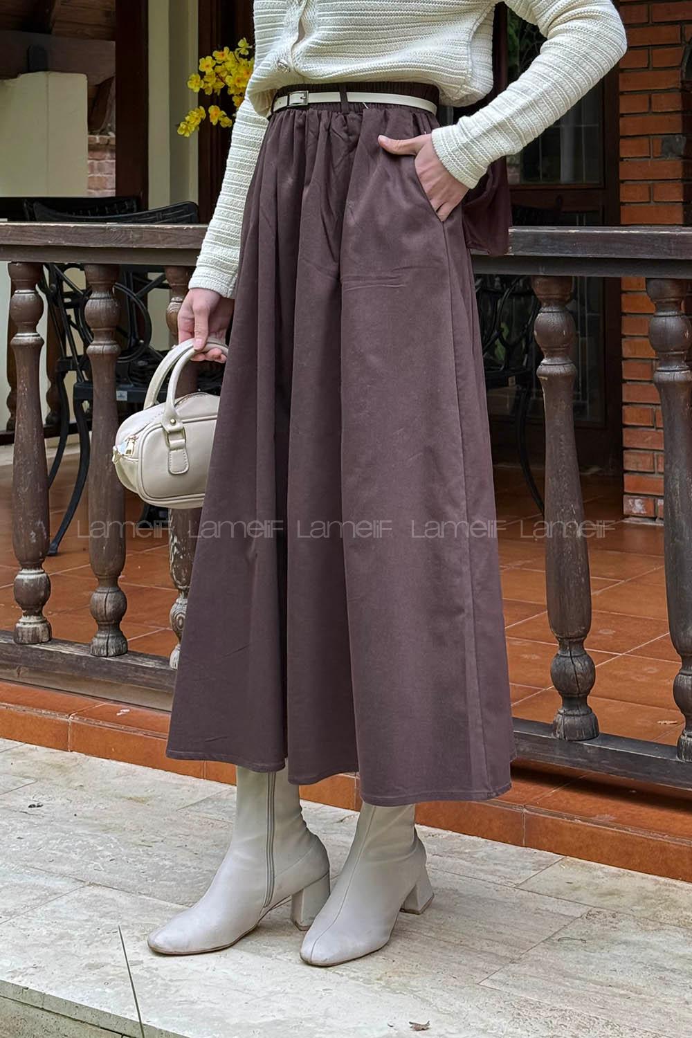 Lamelif Kemerli Kot Etek Acı Kahve