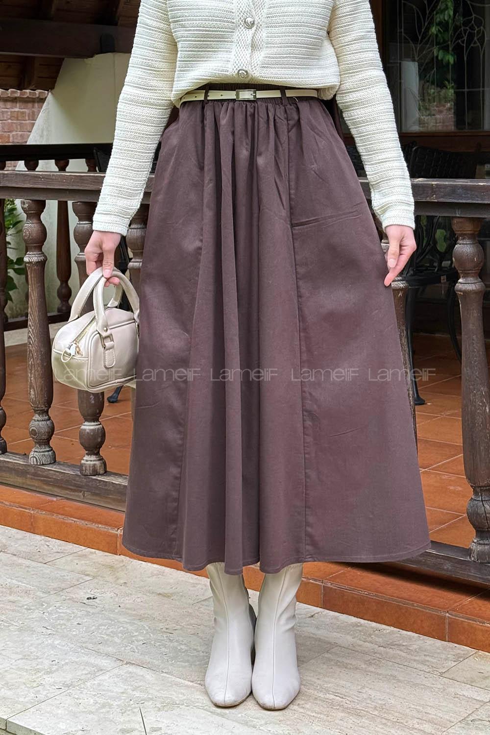 Lamelif Kemerli Kot Etek Acı Kahve