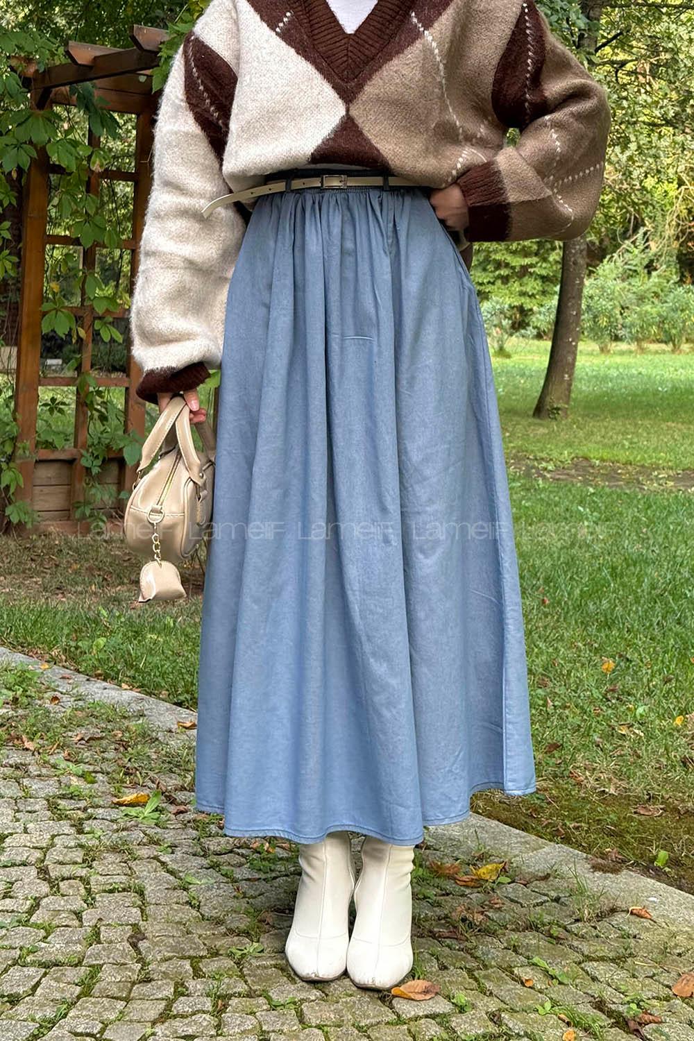 Lamelif Kemerli Kot Etek Açık Mavi