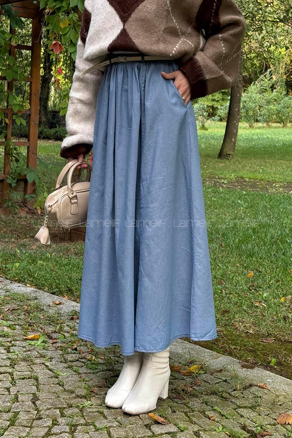 Lamelif Kemerli Kot Etek Açık Mavi