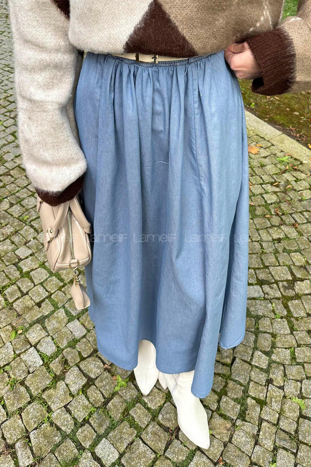 Lamelif Kemerli Kot Etek Açık Mavi