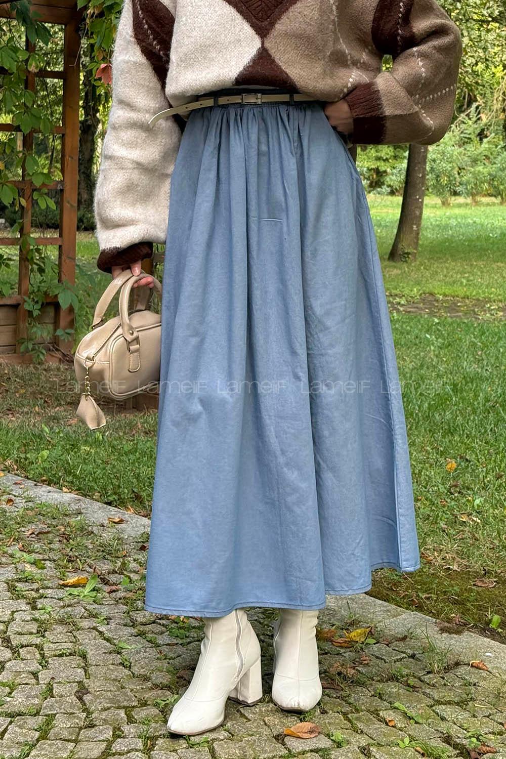 Lamelif Kemerli Kot Etek Açık Mavi