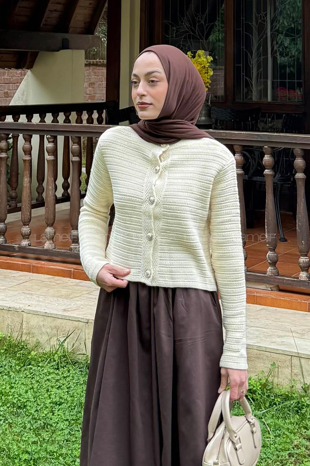 Lamelif Links Desenli Crop Hırka Natural