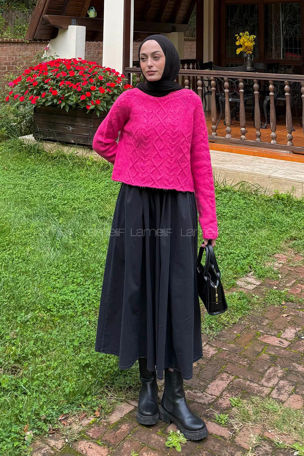 Lamelif Örgülü Kazak Fuşya