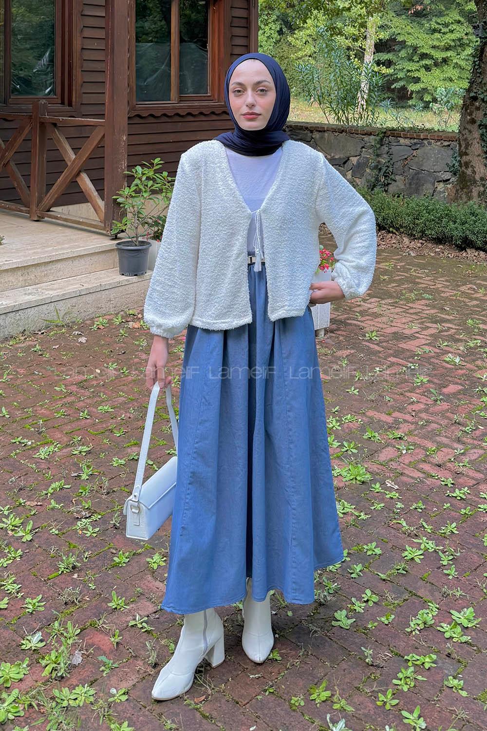 Lamelif Püsküllü Hırka Beyaz