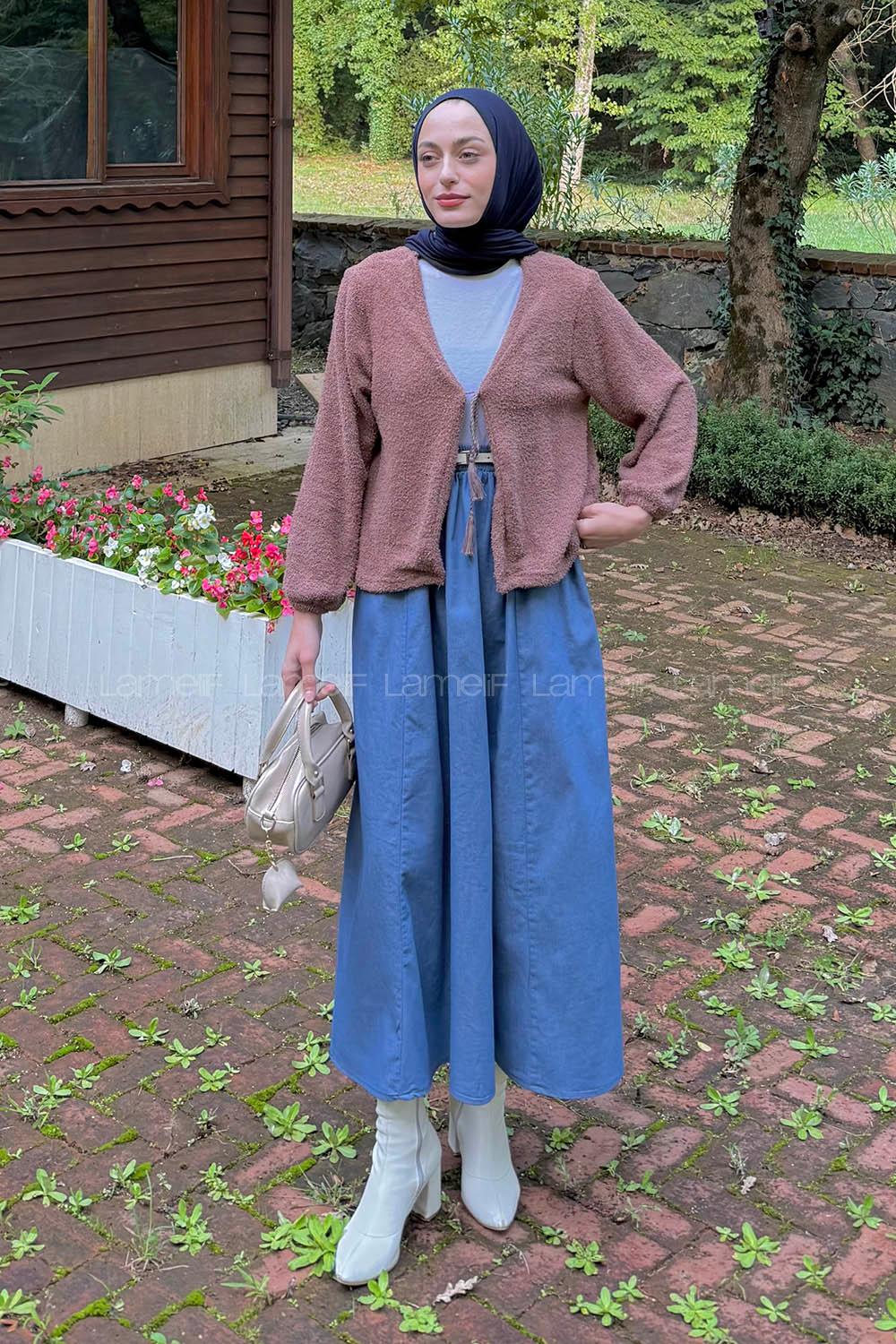 Lamelif Püsküllü Hırka Kahverengi