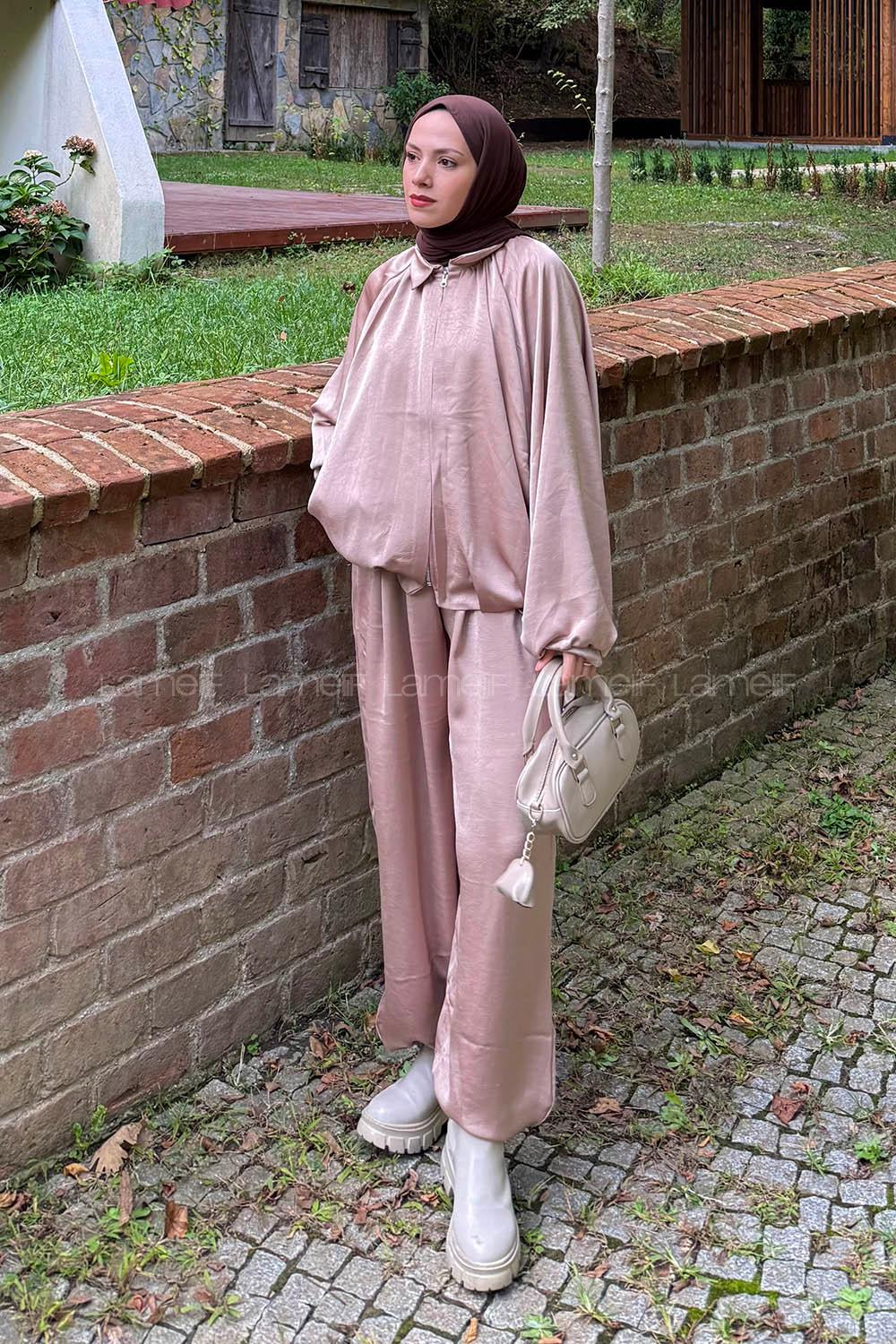 Beige Shirt Collar Bat Sleeve Arm Cotton Satin Fabric Regular Trousers Comfortable Suit