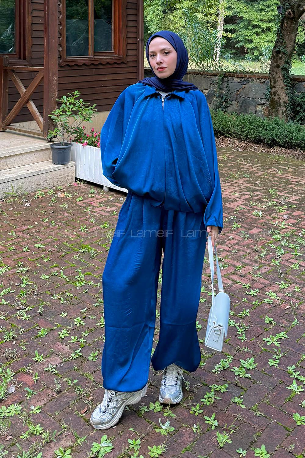 Lamelif Saten Pantolonlu Takım Lacivert