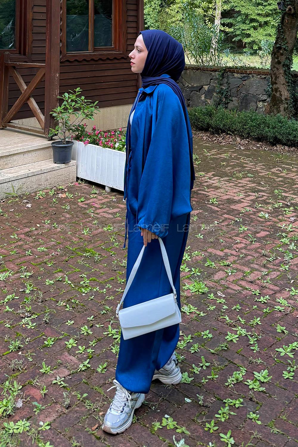 Lamelif Saten Pantolonlu Takım Lacivert