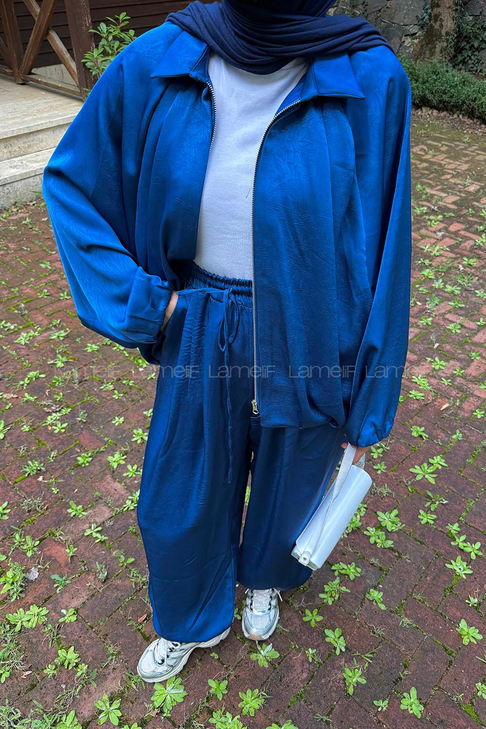 Lamelif Saten Pantolonlu Takım Lacivert