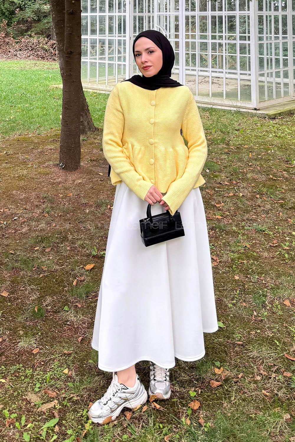 Lamelif Triko Peplum Hırka Sarı