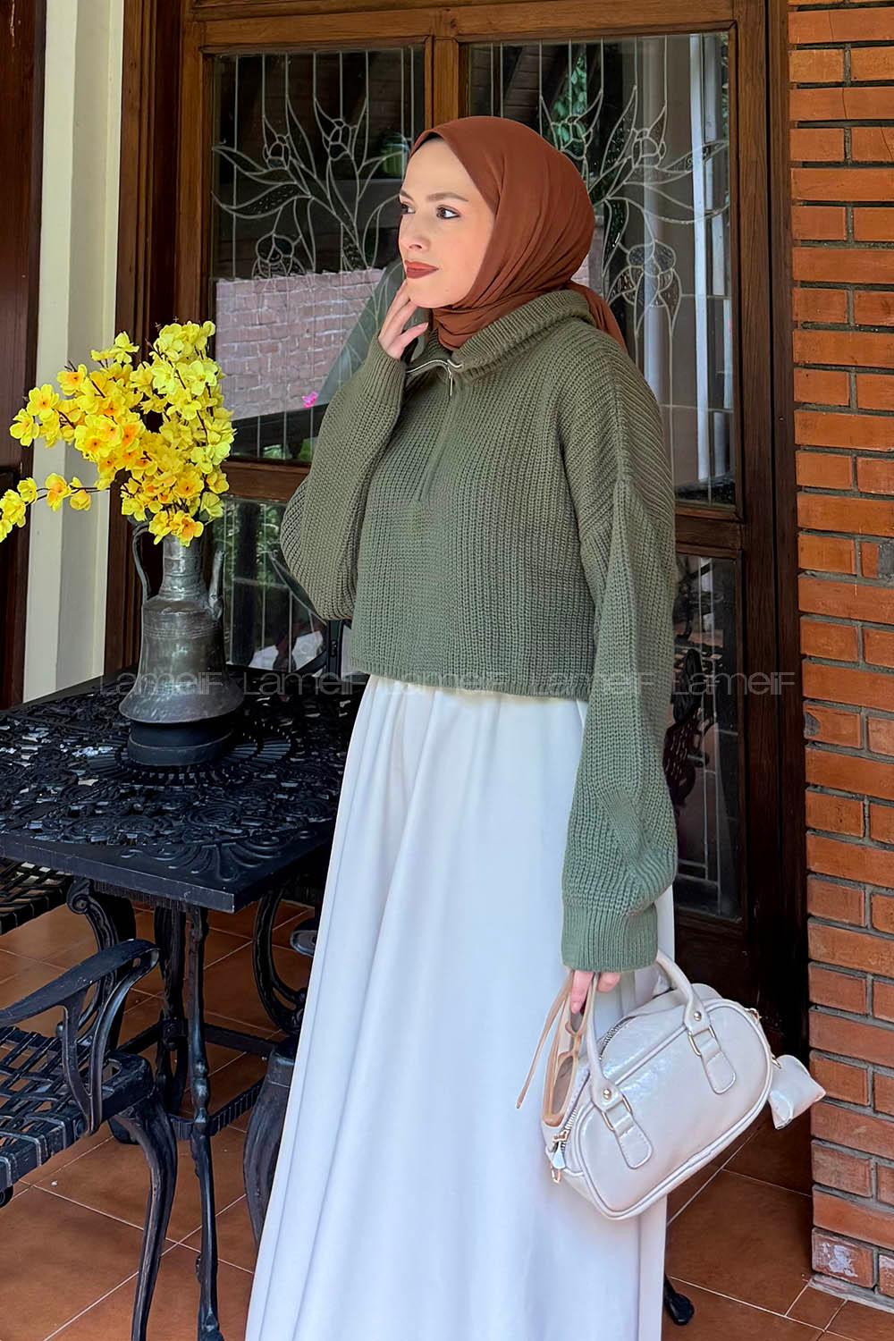 Lamelif Yaka Fermuarlı Crop Triko Kazak Haki