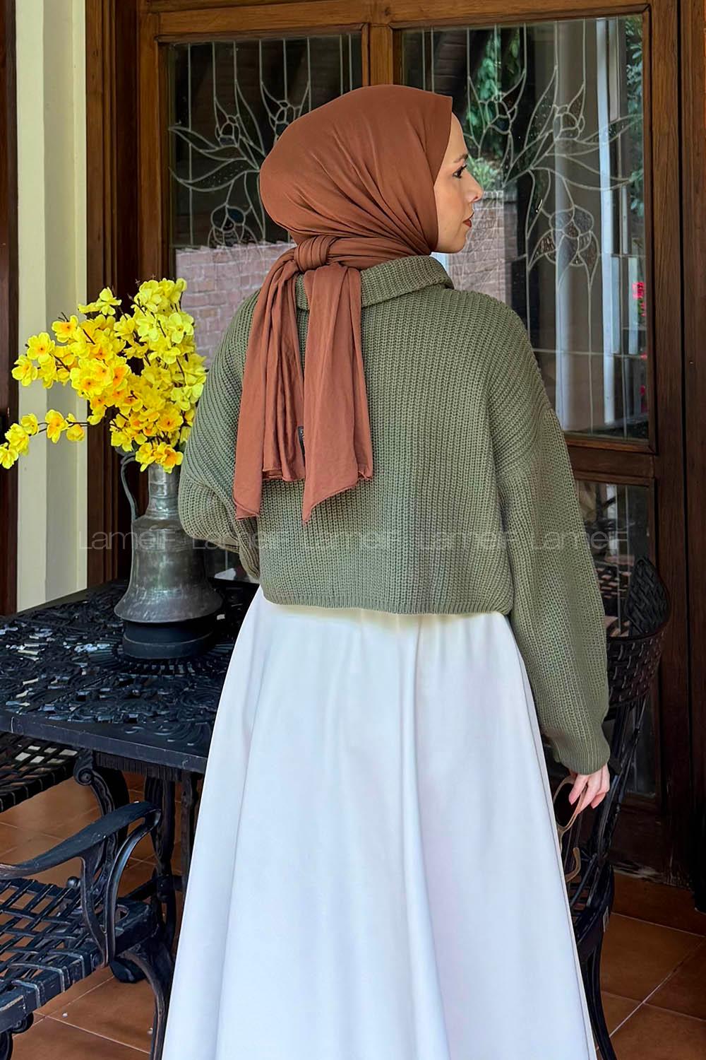 Lamelif Yaka Fermuarlı Crop Triko Kazak Haki