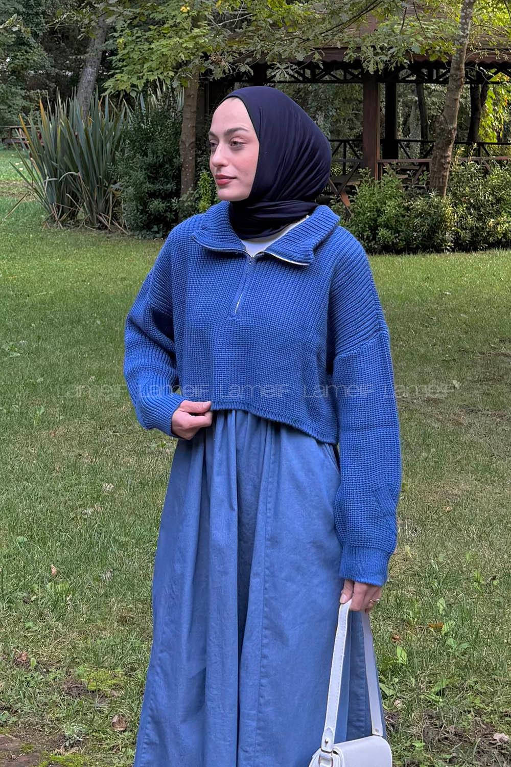 Indigo Zippered Neck Long Arm Jumper