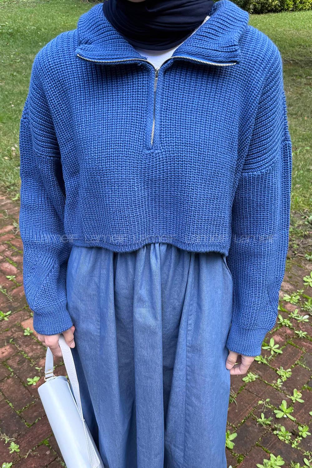Indigo Zippered Neck Long Arm Jumper