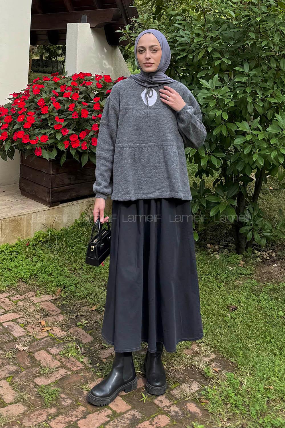 Lamelif Yakası Bağcıklı Triko Kazak Antrasit