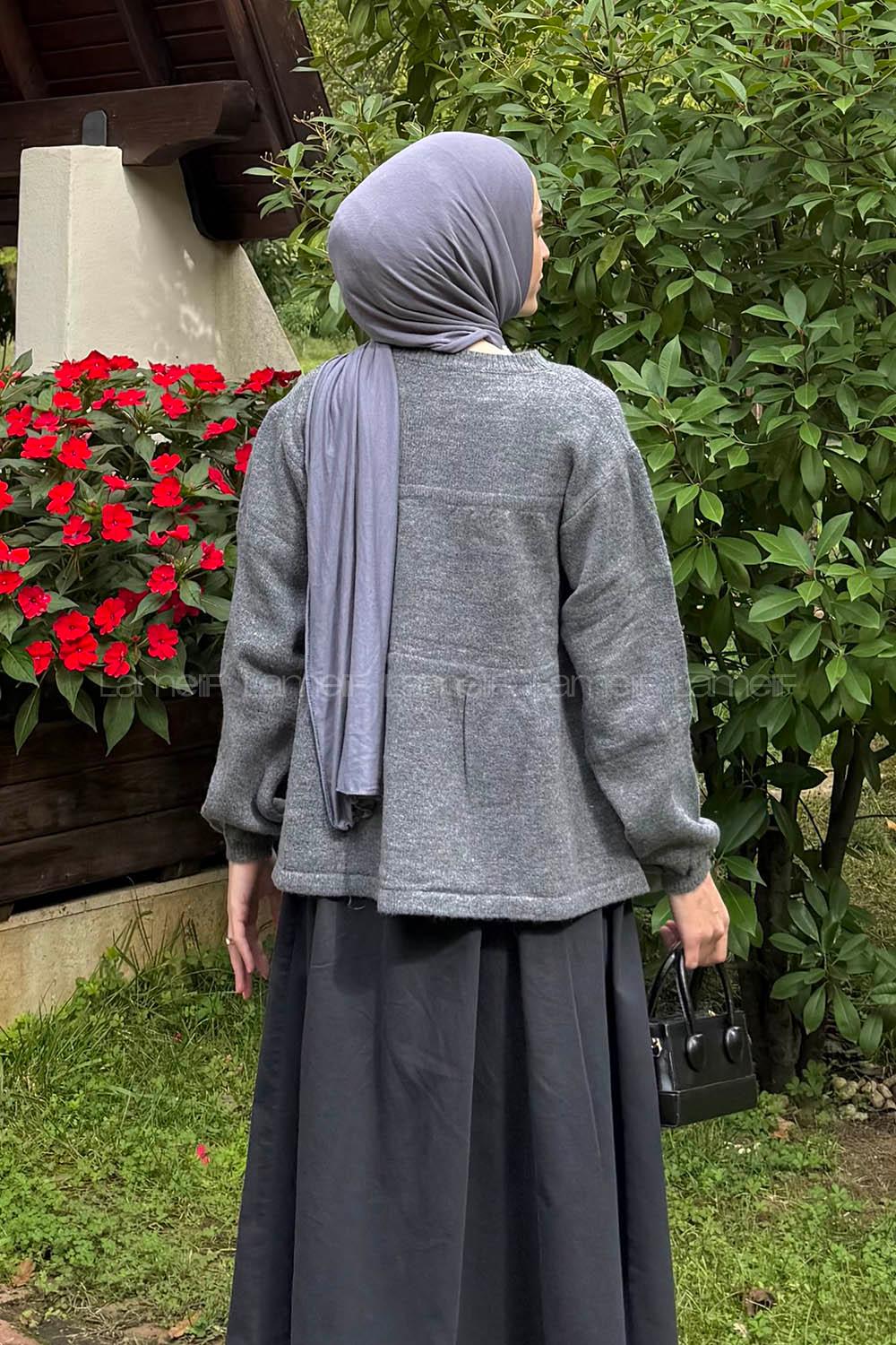 Lamelif Yakası Bağcıklı Triko Kazak Antrasit