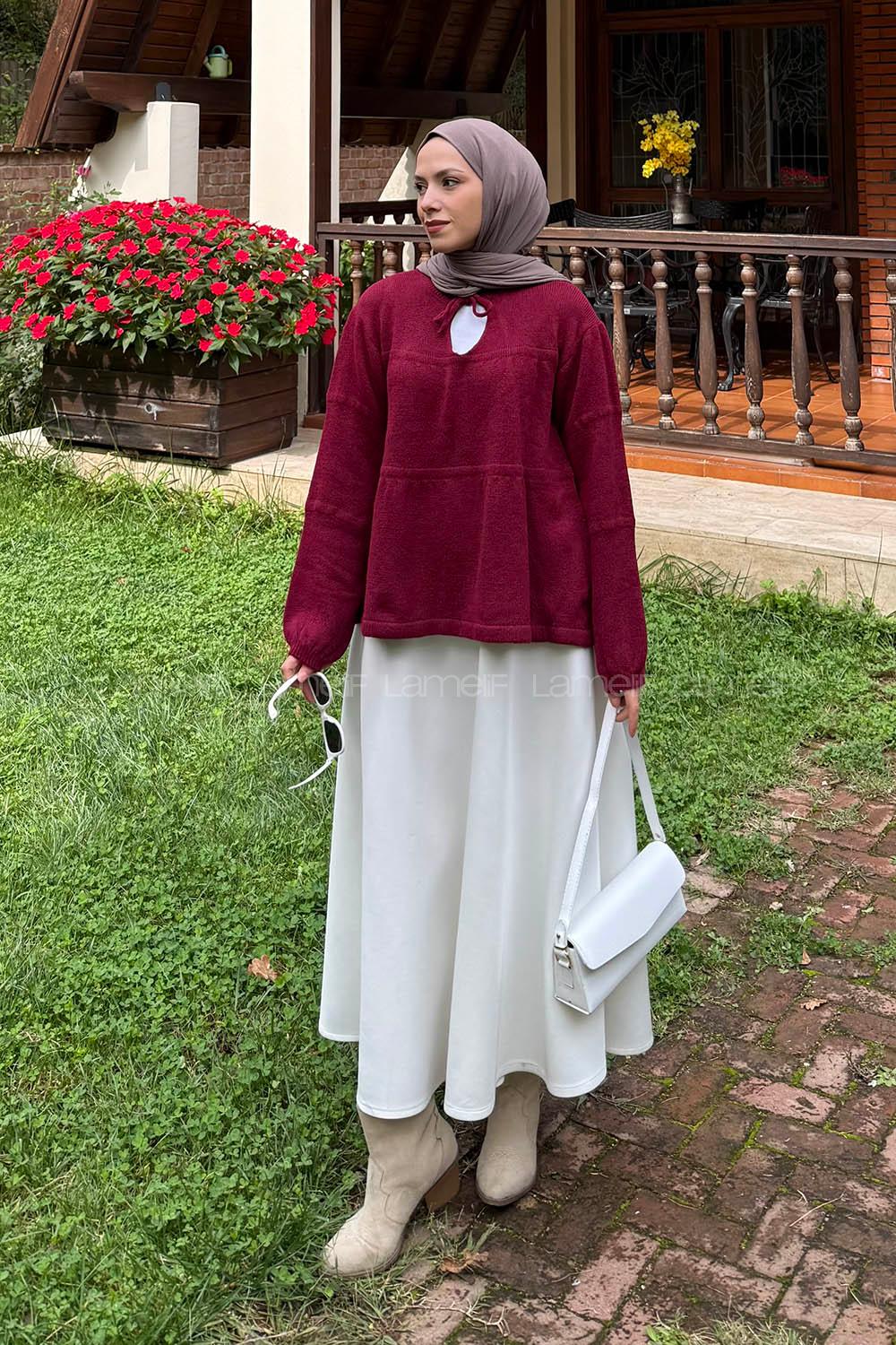 Lamelif Yakası Bağcıklı Triko Kazak Bordo